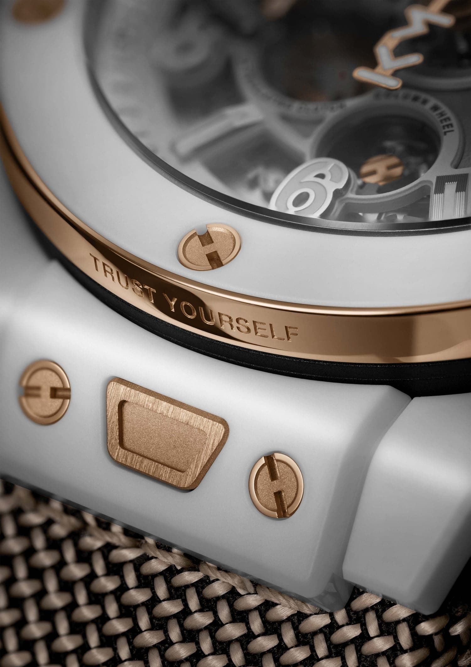 Macro detail of a watch case with rose-gold screws and engraving